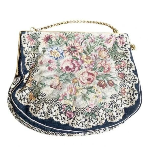 Vintage Antique Needlepoint Purse – Possibly English Mid-Century Floral Handbag - Picture 5 of 8